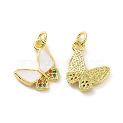 Brass Micro Pave Colorful Cubic Zirconia Charms, Real 18K Gold Plated, with Enamel and Jump Ring, Butterfly, White, 13.5x14.5x2mm, Jump Ring: 5x0.8mm, Inner Diameter: 3.2mm(KK-E068-VF099)