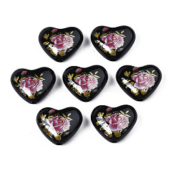 Flower Printed Opaque Acrylic Heart Beads, Black, 16x19x8mm, Hole: 2mm(SACR-S305-28-K04)