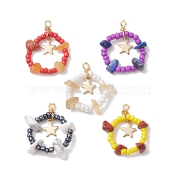 Natural Mixed Gemstone Chips & Glass Seed Pendants, with 304 Stainless Steel Loops, Ring with Star Charms, 28~30x22~25x6~8mm, Hole: 1.5mm(PALLOY-MZ00184)