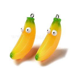 Cartoon Opaque Resin Fruit Pendants, Funny Eye Banana Charms with Platinum Plated Iron Loops, Gold, 42x11.5x17.5mm, Hole: 2mm(CRES-B018-01)
