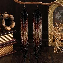 Handmade Bohemian Glass Seed BeadsTassel Dangle Earrings, Golden, Black, 180x29mm(WR6047)