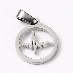 304 Stainless Steel Pendants, Flat Round with Heartbeat, Stainless Steel Color, 15x13x1.5mm, Hole: 5x3mm(STAS-I127-064P)