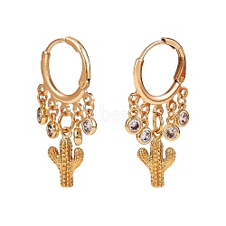 Cactus Brass Dangle Huggie Hoop Earrings, Clear Cubic Zirconia Drop Chandelier Earrings for Women, Golden, 35mm, Pin: 0.8mm(EJEW-SW00001-05)