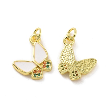 Brass Micro Pave Colorful Cubic Zirconia Charms, Real 18K Gold Plated, with Enamel and Jump Ring, Butterfly, White, 13.5x14.5x2mm, Jump Ring: 5x0.8mm, Inner Diameter: 3.2mm