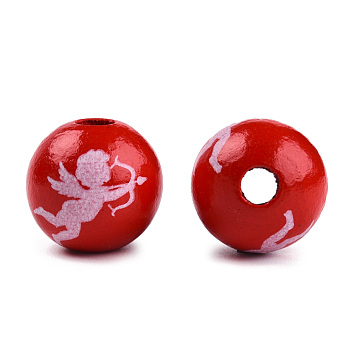 Spray Painted Wood Beads, Printed Beads, Round, Red, 15~16x14~15mm, Hole: 3~4mm