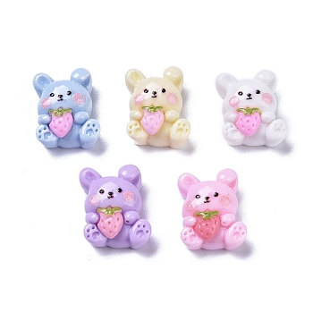 Opaque Cute Animal Resin Decoden Cabochons, Mixed Color, Rabbit with Strawberry, 12x13x6mm
