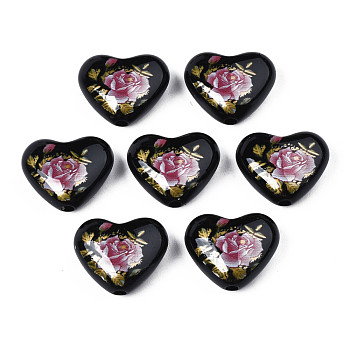 Flower Printed Opaque Acrylic Heart Beads, Black, 16x19x8mm, Hole: 2mm