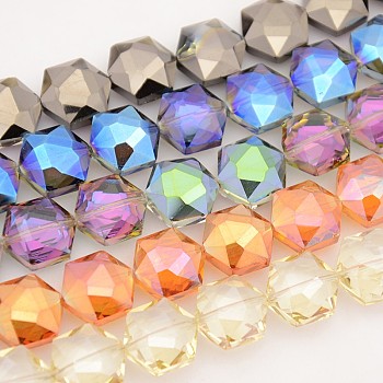 Hexagon Electroplate Full Rainbow Plated Glass Beads Strands, Faceted, Mixed Color, 15x14x8mm, Hole: 1mm, about 40pcs/strand, 23.6 inch