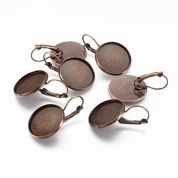 Brass Leverback Earring Findings, Flat Round, Nickel Free, Antique Bronze, 34x22x9mm, Hole: 11x17mm, Tray: 20mm Inner Diameter