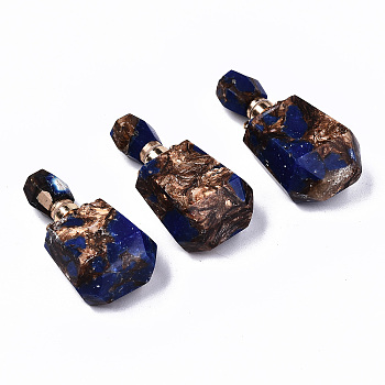 Assembled Synthetic Bronzite and Lapis Lazuli Openable Perfume Bottle Pendants, with Light Gold Brass Findings, Dyed, Capacity: 1ml(0.03 fl. oz), 42~43x22x15mm, Hole: 1.8mm