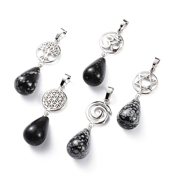 Yoga Chakra Jewelry, Natural Snowflake Obsidian Pendants, with Platinum Plated Brass Findings, Teardrop & Votex/Om Symbol/Tree of Life/Flower of Life/Star of David, 42~45mm, Hole: 8x5mm