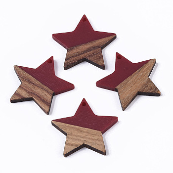 Resin & Wood Pendants, Star, Dark Red, 26x28x4mm, Hole: 1.6mm