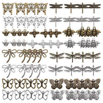 SUNNYCLUE Tibetan Style Alloy Pendants, Butterfly & Bee & Dragonfly, Mixed Color, 7.6x7.6x2.7cm, 72pcs/set