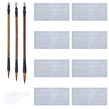 Elite 12Pcs 5 Style Practice Calligraphy Kits, with Chinese Calligraphy Brushes Pen, Spoon Shape Ink Tray Containers and Reusable Water Writing Cloth, Mixed Color, 9.6~33x4.4~6.8x2cm, 12pcs/set
