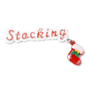 Christmas Theme Opaque Resin Cabochons, with Platinum Tone Iron Loops, Christmas Socking, Red, 78x41x7mm