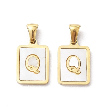 Ion Plating(IP) 304 Stainless Steel Pave Shell Pendants, Rectangle Charm, Real 18K Gold Plated, Letter Q, 17.5x12x1.5mm, Hole: 3x5mm