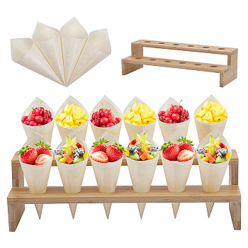 Bamboo 12-Hole Ice Cream Display Stands, with 100Pcs Disposable Wooden Ice Cream Cone Holders, for Buffet, Restuarant, Mixed Color, 329x120x91mm, Inner Diameter: 22mm, 1pc