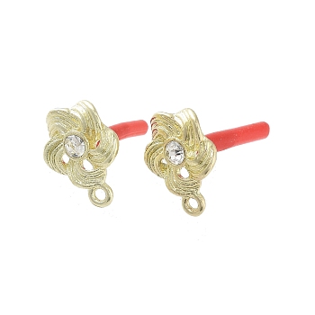 Rack Plating Golden Alloy with Rhinestone Stud Earring Findings, with Loops and 304 Stainless Steel Pins, Cadmium Free & Nickel Free & Lead Free, Flower, 16x13.5mm, Hole: 1.6mm, Pin: 0.7x10.5mm