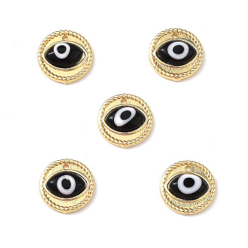 Handmade Lampwork Evil Eye Pendants, with Real 18K Gold Plated Brass Findings, Lead Free & Cadmium free, Flat Round Charm, Black, 14.5x4mm, Hole: 1mm