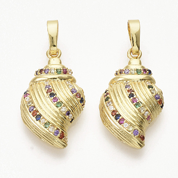 Brass Micro Pave Cubic Zirconia Pendants, Shell Shape, Colorful, Golden, 22x12.5x4.5mm, Hole: 3.5x5mm