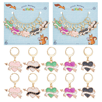 Alloy Enamel Pendant Stitch Markers, Crochet Leverback Hoop Charms, Locking Stitch Marker with Wine Glass Charm Ring, Heart with Word & Arrow, Mixed Color, 2.8cm, 5 colors, 2pcs/color, 10pcs/set