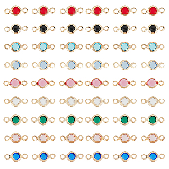 54Pcs 9 Colors Brass Rhinestone Connector Charms, Flat Round Single Stone Links, Light Gold, Mixed Color, 10x5x2mm, Hole: 1.5mm, 6pcs/color