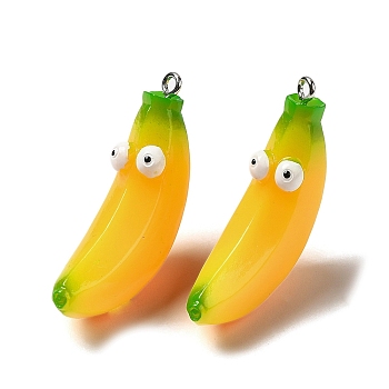 Cartoon Opaque Resin Fruit Pendants, Funny Eye Banana Charms with Platinum Plated Iron Loops, Gold, 42x11.5x17.5mm, Hole: 2mm
