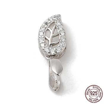 Rhodium Plated 925 Sterling Silver Ice Pick Pinch Bails, with Micro Pave Clear Cubic Zirconia, Leaf, with S925 Stamp, Real Platinum Plated, 16x6mm, Hole: 4.5x2mm, Pin: 0.9mm