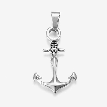 304 Stainless Steel Pendants, Anchor, Antique Silver, 37x23x3mm, Hole: 5x10mm