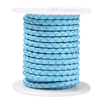 Braided Cowhide Leather Cord, Leather Rope String for Bracelets, Light Sky Blue, 4mm, about 5.46 yards(5m)/roll