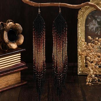 Handmade Bohemian Glass Seed BeadsTassel Dangle Earrings, Golden, Black, 180x29mm