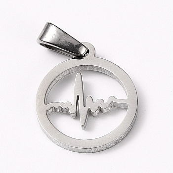 304 Stainless Steel Pendants, Flat Round with Heartbeat, Stainless Steel Color, 15x13x1.5mm, Hole: 5x3mm