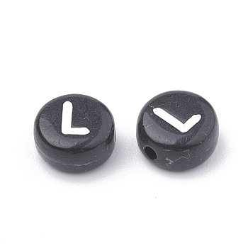 Opaque Acrylic Beads, Horizontal Hole, Alphabet Style, Flat Round, Letter.L, 7x4mm, Hole: 1.5mm, about 3700pcs/500g