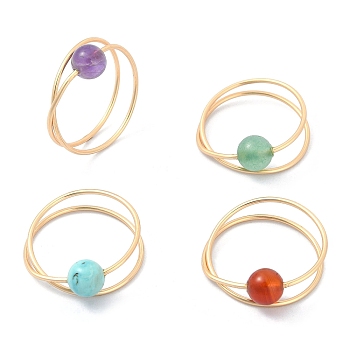 4Pcs 4 Style Natural & Synthetic Mixed Gemstone Round Beaded Finger Rings Set, Golden Copper Criss Cross Stackable Rings, US Size 9(18.9mm), 1Pc/style