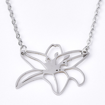 201 Stainless Steel Pendant Necklaces, with Cable Chains, Flower, Stainless Steel Color, 17.5 inch(44.5cm), 2mm, flower: 21x26x1mm