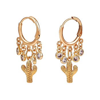 Cactus Brass Dangle Huggie Hoop Earrings, Clear Cubic Zirconia Drop Chandelier Earrings for Women, Golden, 35mm, Pin: 0.8mm