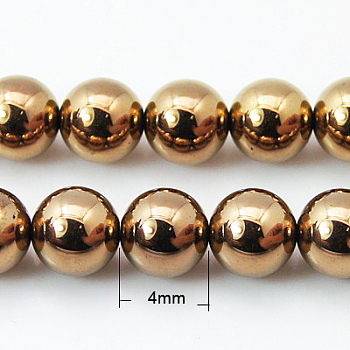 Non-magnetic Synthetic Hematite Beads Strands, Round, Red Copper Plated, 4mm, about 100pcs/strand, 15.7 inch