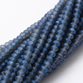 Full Rainbow Plated Faceted Rondelle Glass Bead Strands, Frosted, Marine Blue, 4~4.5x3~3.5mm, Hole: 0.8mm, about 150pcs/strand, 15.1 inch