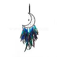 Iron Wire Woven Web/Net with Feather Pendant Decorations, with Plastic Beads, Blue Goldstone Dangle Cone Pendants, Covered with Corduroy, Moon, Colorful, 610mm(AJEW-B017-32)
