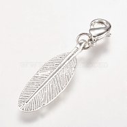 Alloy Pendant, with Brass Lobster Claw Clasps, Feather, Antique Silver, 43mm(X-HJEW-JM00289-09)