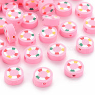 Handmade Polymer Clay Beads, Flat Round with Swim Ring, Pearl Pink, 10x4mm, Hole: 1.6mm(X-CLAY-N011-004)