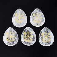 Natural Quartz Crystal Pendants, Rock Crystal Pendants, Teardrop with Nordic Pagan Pattern, 32~33.5x25~26x6.5~7.5mm, Hole: 2mm, 6pcs/bag(G-T122-72N)