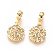 Brass Micro Pave Clear Cubic Zirconia European Dangle Charms, Large Hole Pendants, Peace Sign, Golden, 24mm, Hole: 5mm, Peace Sign: 15x12.5x2mm(OPDL-L016-08G)