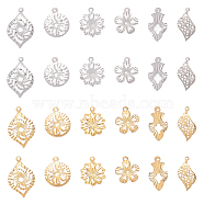 24Pcs 12 Style Rack Plating Brass Pendants, Long-Lasting Plated, Flower & Leaf & Flat Round, Mixed Color, 16~25x10.5~15x0.5~1mm, Hole: 1~1.2mm, 2pcs/style(KK-CA0002-43)