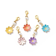 Flower Alloy Enamel Pendant Decoration, Lobster Clasp Charms, Clip-on Charms, with Glass Imitation Pearl Round Bead, Mixed Color, 45mm(HJEW-JM00778)