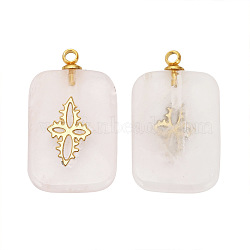 Natural Rose Quartz Pendants, Rectangle Charms with Golden Tone Stainless Steel Flower Slice, 21.5x13mm, Hole: 1.5mm(FIND-PW0015-01B-02)