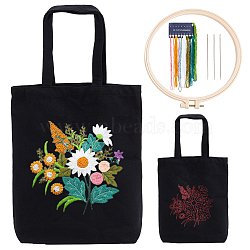 DIY Flower Pattern Tote Bag Embroidery Making Kit, Including Embroidery Needles & Thread, Cotton Cloth Bag, Plastic Embroidery Frame, Black, 615mm(DIY-WH0349-21B)