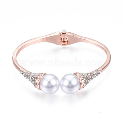 ABS Plastic Pearl Round Beaded Open Cuff Bangle with Crystal Rhinestone, Brass Chunky Hinged Bangle for Women, Rose Gold, Inner Diameter: 1-3/4x2-1/2 inch(4.4x6.3cm)(BJEW-S118-109RG)