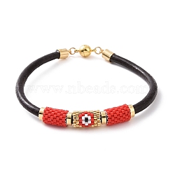 Japanese Seed Column with Evil Eye Beaded Bracelet with Cowhide Cords for Women, Red, 7-5/8 inch(19.5cm)(BJEW-JB09078-02)
