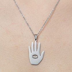 201 Stainless Steel Hollow Hamsa Hand with Eye Pendant Necklace, Stainless Steel Color, 17.72 inch(45cm)(NJEW-OY001-79)